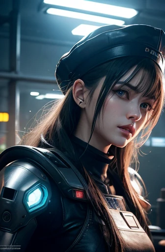 cyberpunk cyborg,humanoid cyborg,cybernetic organism,android,robot,futuristic,high tech,neon lights,halo effect,glowing details,reflective metal,complex machinery,industrial,modern,urban setting,fast food restaurant,hamburger shop,shop worker,apron,hat,serving food,detailed facial features,beautiful detailed eyes,beautiful detailed lips,extremely detailed face and eyes,long eyelashes,photorealistic,8k,hyper detailed,cinematic lighting,dramatic colors,moody atmosphere,concept art,digital painting