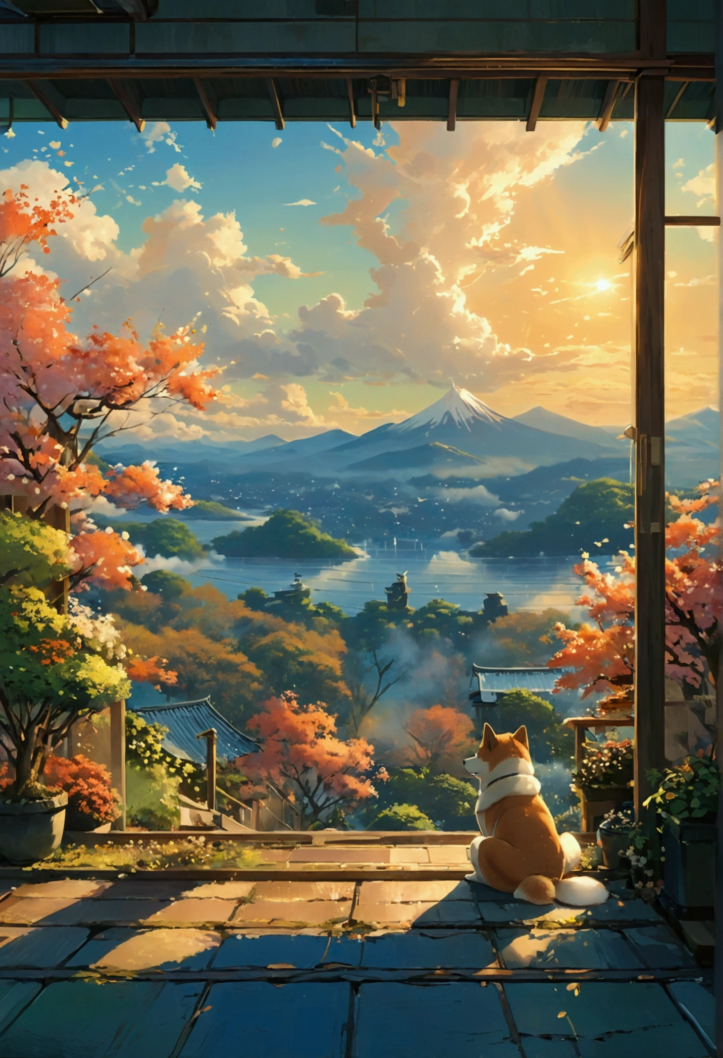 Makoto Shinkai Taste, Beautiful sky, Shiba Inu,puppy, Romantic Landscape, Healing scenes, hope,Inside the Japan house,Relaxation scene,