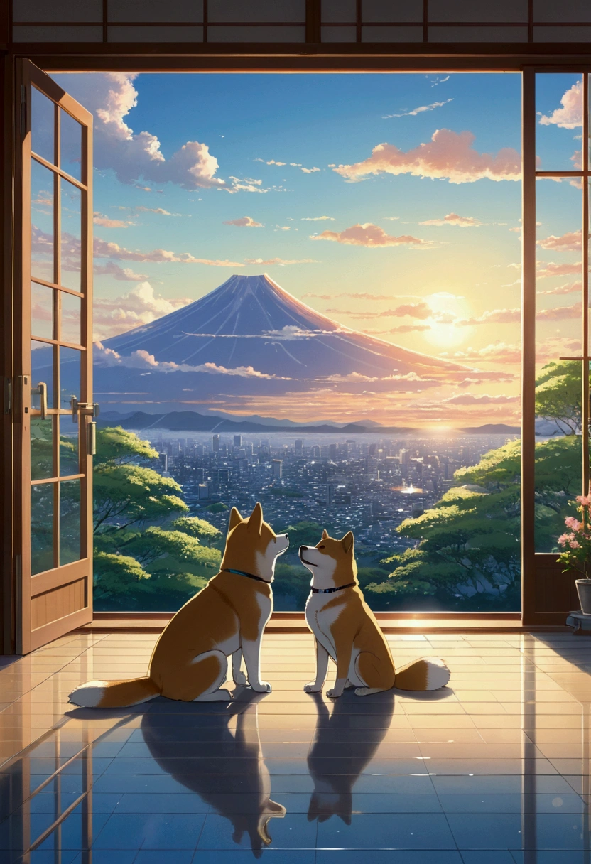 Makoto Shinkai Taste, Beautiful sky, Shiba Inu,puppy, Romantic Landscape, Healing scenes, hope,Inside the Japan house,Relaxation scene, 