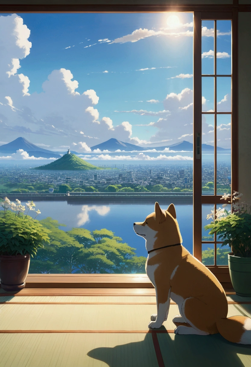Makoto Shinkai Taste, Beautiful sky, Shiba Inu,puppy, Romantic Landscape, Healing scenes, hope,Inside the Japan house,Relaxation scene,