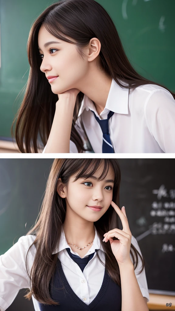 High School Uniform))、(Blackboard background)、Filmed in a school classroom、(School classroom with windows)、(8K、Live Shooting、Highest quality、masterpiece:1.2)、High-quality RAW color photos、Professional photos、(Genuine、フォトGenuine:1.37)、Photographed in natural light、1 Girl、A sloppy smile、(Various poses)、necklace、(Beautiful profile:1.3)、profile、Straight Long Hair、The eye color is dark brown、(Beautiful profile:1.3)、Correct hand of human body、、Woman with single eyelid、The correct state of the human body、Natural  lip、Shot in well-lit areas、The gesture of brushing back hair、High school girl uniform、Facing forward
