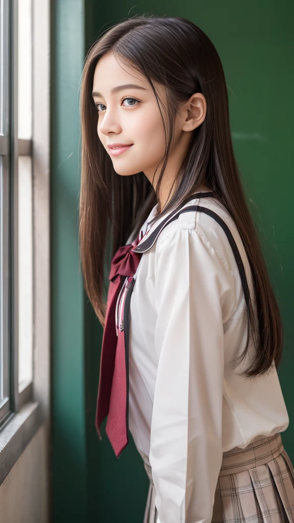 High School Uniform))、(Blackboard background)、Filmed in a school classroom、(School classroom with windows)、(8K、Live Shooting、Highest quality、masterpiece:1.2)、High-quality RAW color photos、Professional photos、(Genuine、フォトGenuine:1.37)、Photographed in natural light、1 Girl、A sloppy smile、(Various poses)、necklace、(Beautiful profile:1.3)、profile、Straight Long Hair、The eye color is dark brown、(Beautiful profile:1.3)、Correct hand of human body、、Woman with single eyelid、The correct state of the human body、Natural lip、Shot in well-lit areas、The gesture of brushing back hair、High school girl uniform、Facing forward