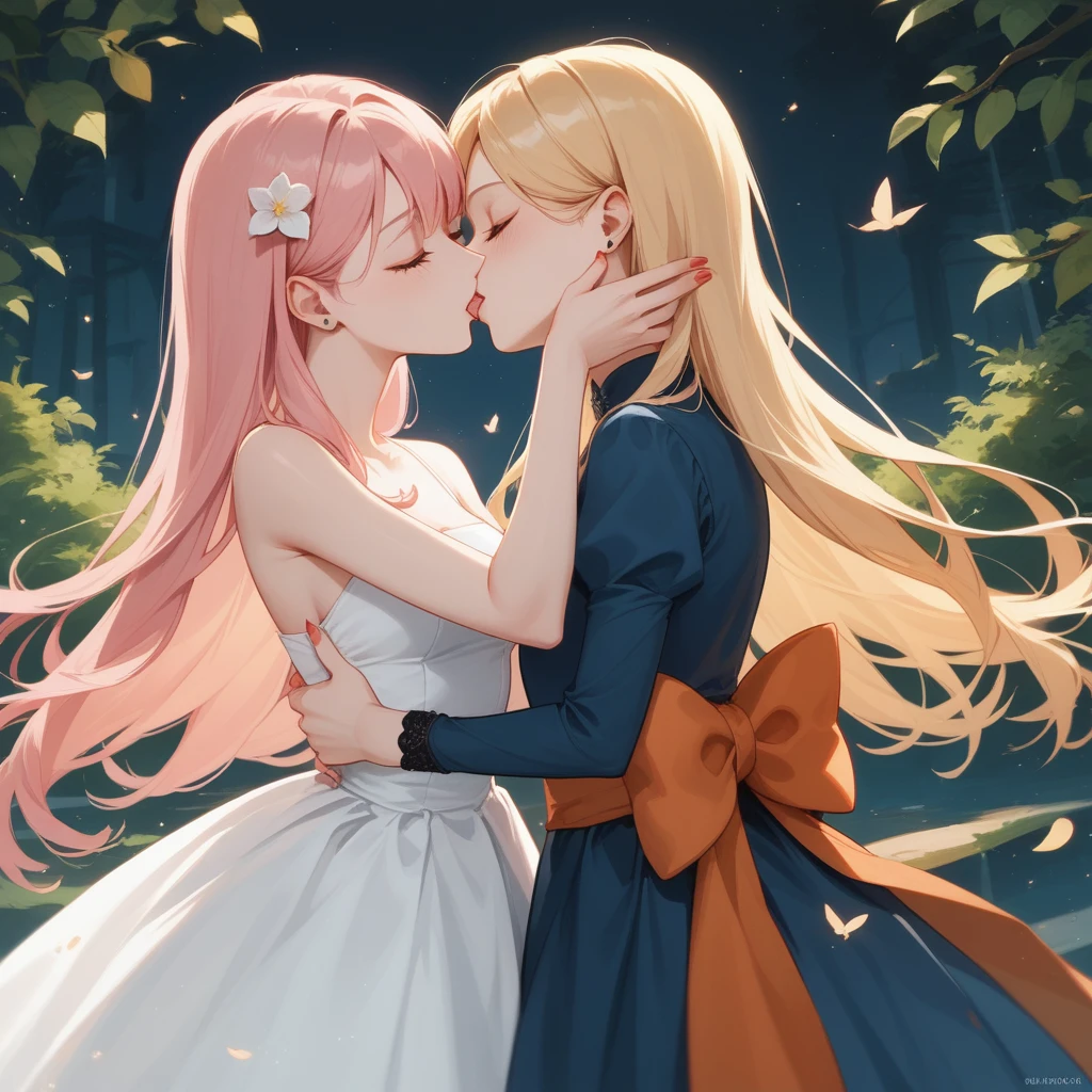 1 girl with long hair blonde in a blue dress, 2 girl pink hair in white dress, kissing, In the woods 