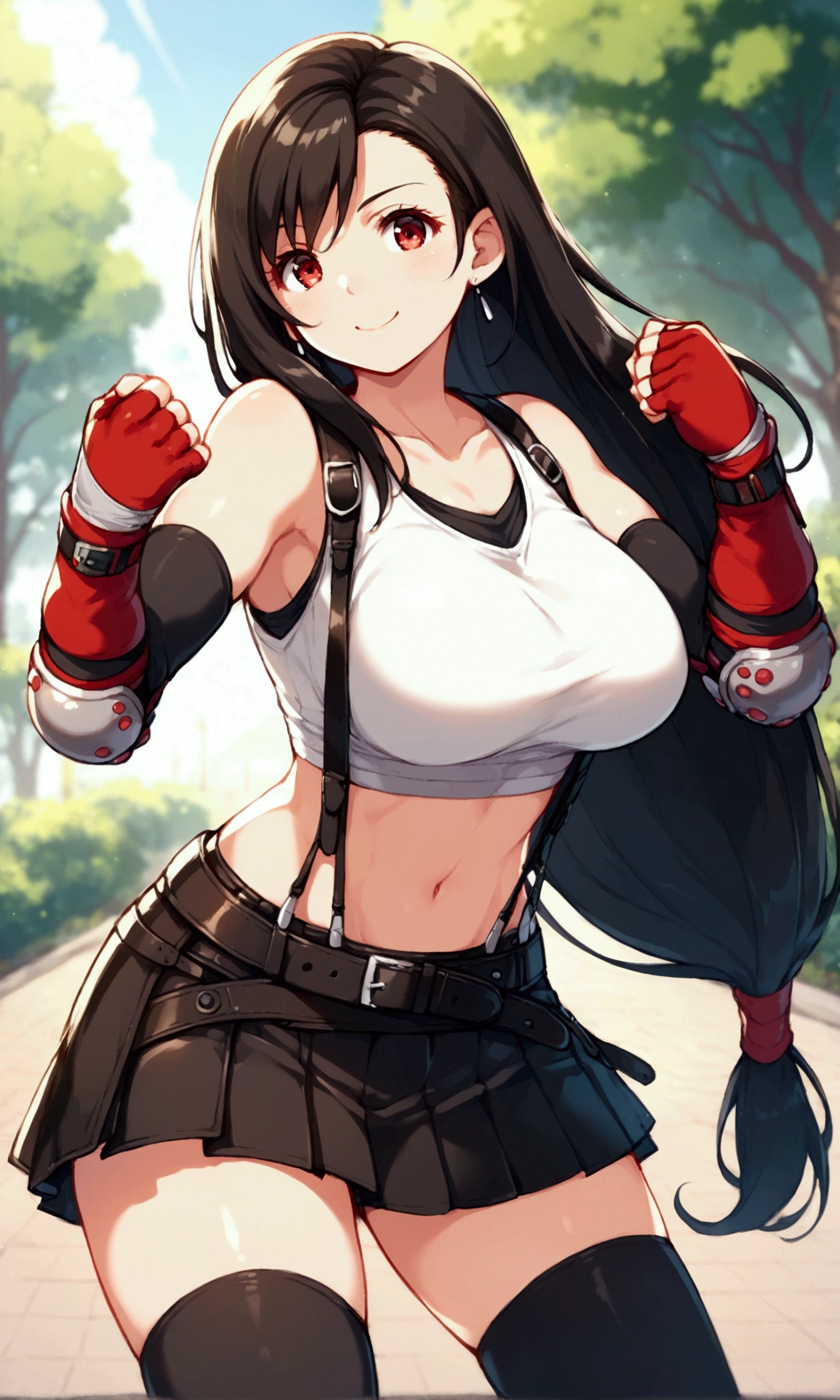 score_9, score_8_up, score_7_up,,BREAK , ,dynamicangle, dynamicpose,straight-on,,standing,contrapost, ,,straight-on,Solo ,1girl, tifa lockhart, final fantasy, tareme,black hair, low-tied long hair, red eyes, bangs, (white tank top, belt, pleated skirt, thighhighs, elbow fingerless gloves, elbow pads, midriff, navel,suspender skirt) ,(large_breast),(light smile),fist,fist,daytime,outdoor,(ultra detailed),(best quality),(aesthetic,very aesthetic),UHD,extremely detailed CG unity 8k wallpaper,anime,depth of field,,,