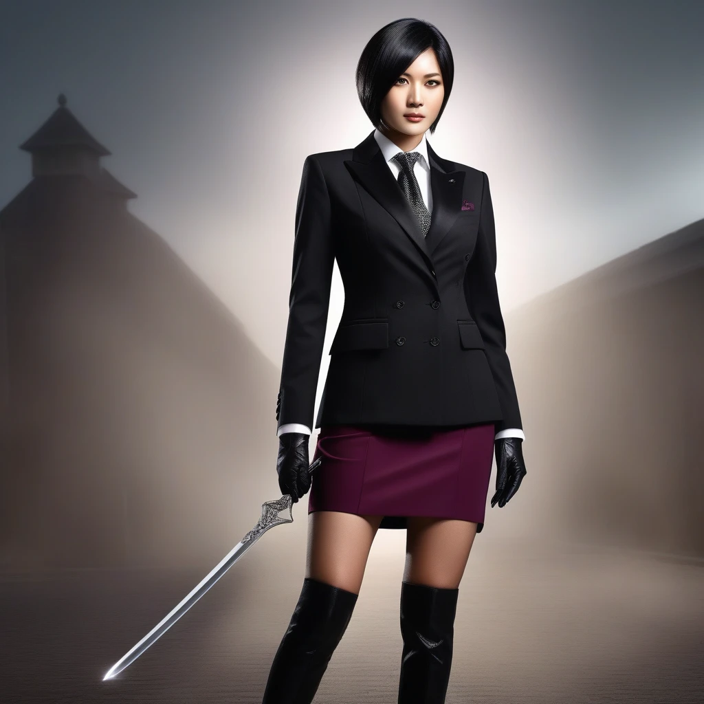 Ultra-realistic extremely detailed real life 8k masterpiece of a gorgeous asian woman re ada wong wearing (((skirt suit))), (((three-piece suit))), (((dress shirt))), (((necktie))), (((blazer))), (((black lapel))), (((suit jacket))), ((waistcoat)), double-breasted waistcoat, (((bodycon miniskirt))), pocket square, cufflinks, tie clip , tailored suit,, extremely detailed facial features, dark scary epic lighting, horror composition, full body,