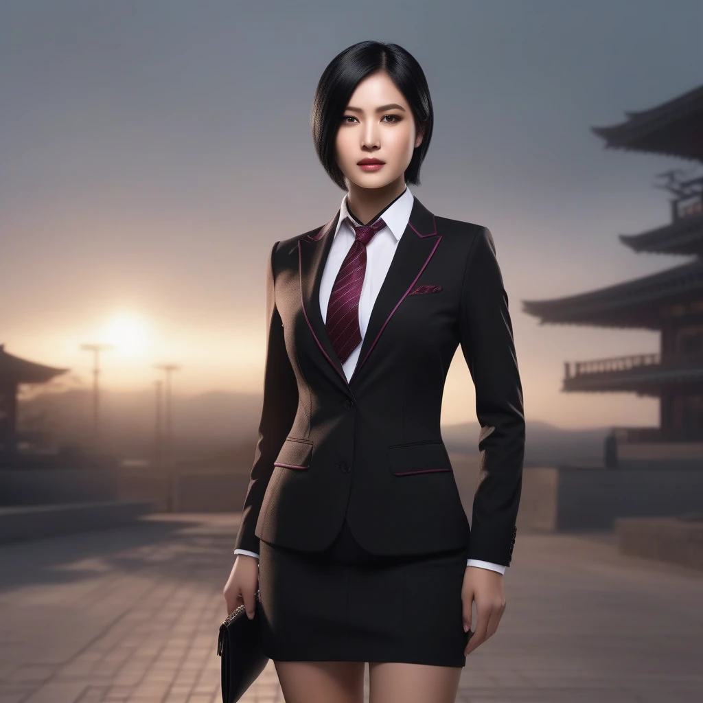 Ultra-realistic extremely detailed real life 8k masterpiece of a gorgeous asian woman re ada wong wearing (((skirt suit))), (((three-piece suit))), (((dress shirt))), (((necktie))), (((blazer))), (((black lapel))), (((suit jacket))), ((waistcoat)), double-breasted waistcoat, (((bodycon miniskirt))), pocket square, cufflinks, tie clip , tailored suit,, extremely detailed facial features, dark scary epic lighting, horror composition, full body,