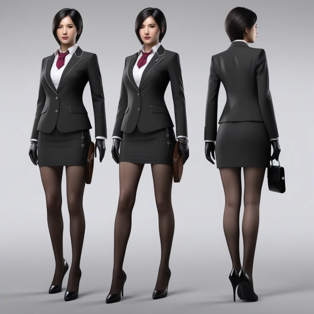 Ultra-realistic extremely detailed real life 8k masterpiece of a gorgeous asian woman re ada wong wearing (((skirt suit))), (((three-piece suit))), (((dress shirt))), (((necktie))), (((blazer))), (((black lapel))), (((suit jacket))), ((waistcoat)), double-breasted waistcoat, (((bodycon miniskirt))), pocket square, cufflinks, tie clip , tailored suit,, extremely detailed facial features, dark scary epic lighting, horror composition, full body,