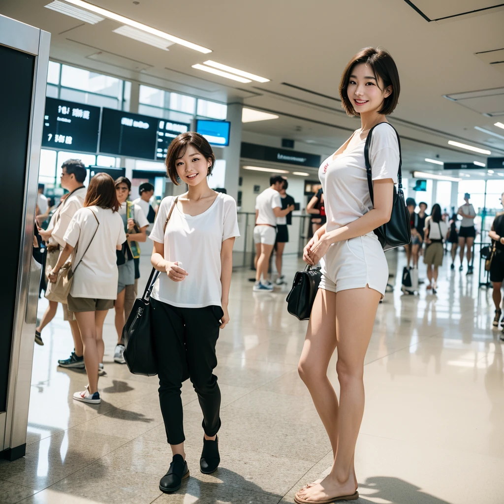 high quality,master piece,by famous artist,a girl, one girl,solo focus,alone,4K,8K,raw photo,full body,standing,bloom,sexy posing,Japanese women,Clear,seems kind,Calm,Fair skin,h cup bust,Beautiful woman,smile,teeth,short brown hair,one girl,Casual Style(White T-shirt),The background is inside the airport,,Airport Lobby,trip