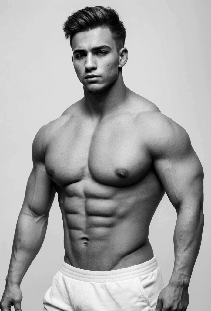 A handsome boy with a serious face and a muscular build on a white background