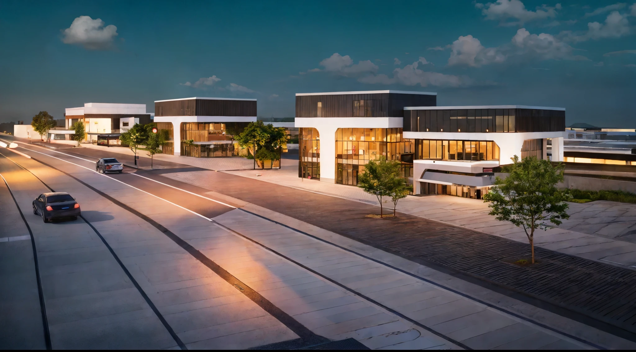 (((masterpiece))),((best quality)),outdoor,Commercial Area,Brilliant,lively,Warm atmosphere,Business Center,(Surrounded by greenery1:2),Asphalt road,Passing car,sidewalk,parking space,Award-winning design,Warm colors,Ask about the atmosphere