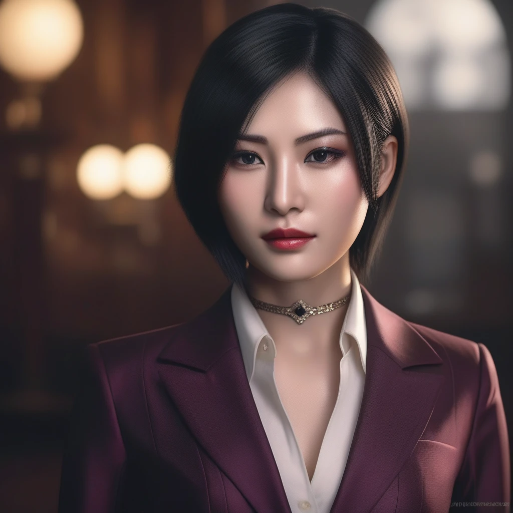 Ultra-realistic extremely detailed real life 8k masterpiece of a gorgeous asian woman re ada wong wearing (((skirt suit))), (((three-piece suit))), (((dress shirt))), (((necktie))), (((blazer))), (((black lapel))), (((suit jacket))), ((waistcoat)), double-breasted waistcoat, (((bodycon miniskirt))), pocket square, cufflinks, tie clip , tailored suit,, extremely detailed facial features, dark scary epic lighting, horror composition