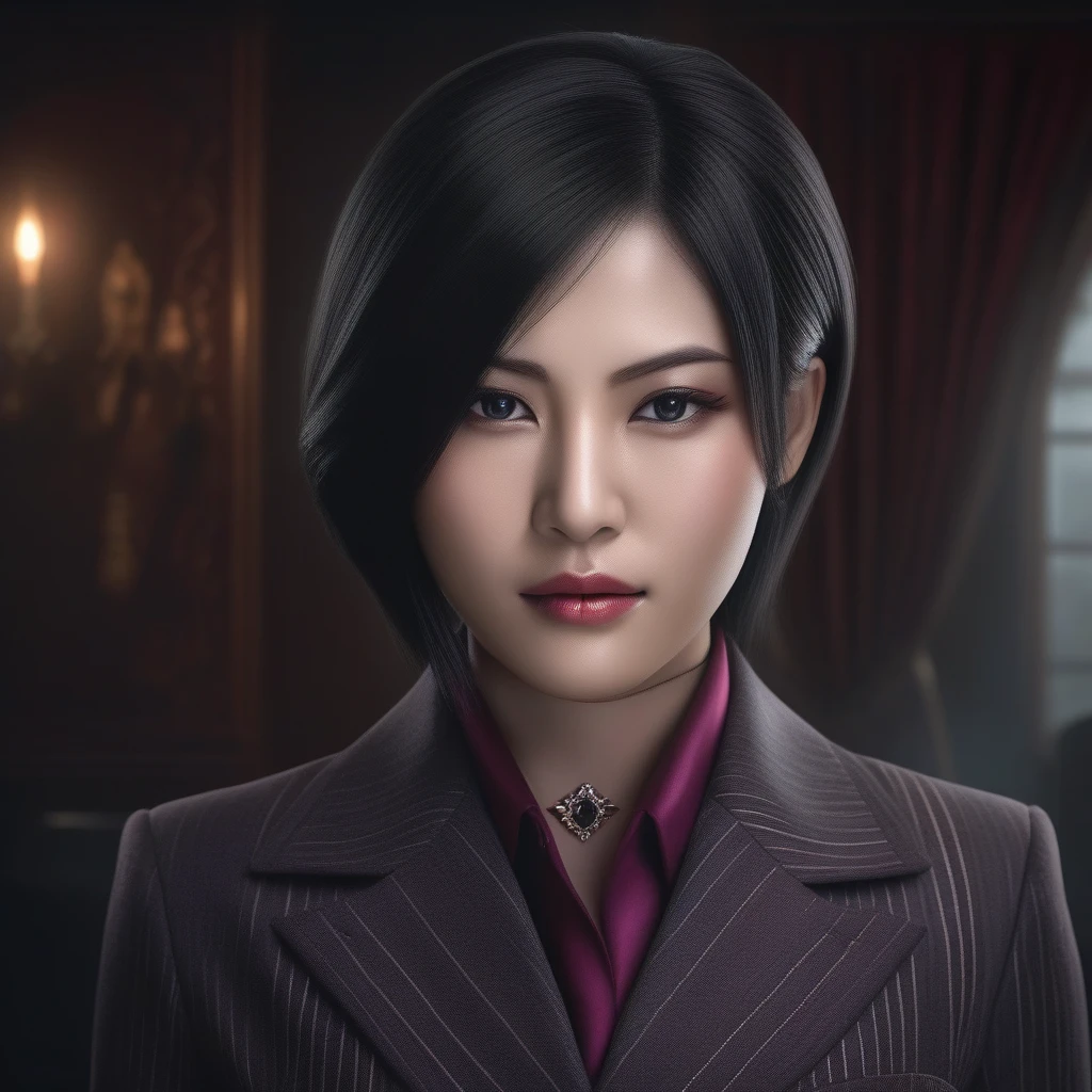 Ultra-realistic extremely detailed real life 8k masterpiece of a gorgeous asian woman re ada wong wearing (((skirt suit))), (((three-piece suit))), (((dress shirt))), (((necktie))), (((blazer))), (((black lapel))), (((suit jacket))), ((waistcoat)), double-breasted waistcoat, (((bodycon miniskirt))), pocket square, cufflinks, tie clip , tailored suit,, extremely detailed facial features, dark scary epic lighting, horror composition