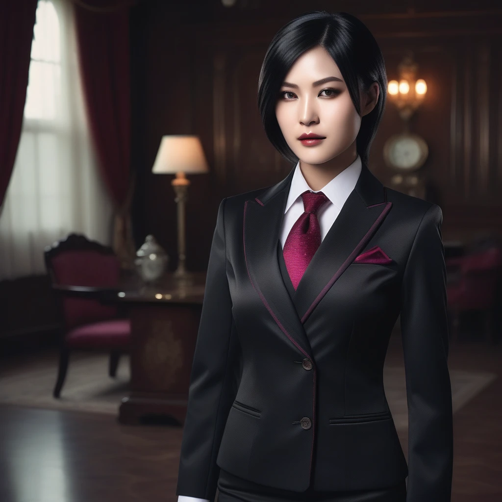 Ultra-realistic extremely detailed real life 8k masterpiece of a gorgeous asian woman re ada wong wearing (((skirt suit))), (((three-piece suit))), (((dress shirt))), (((necktie))), (((blazer))), (((black lapel))), (((suit jacket))), ((waistcoat)), double-breasted waistcoat, (((bodycon miniskirt))), pocket square, cufflinks, tie clip , tailored suit,, extremely detailed facial features, dark scary epic lighting, horror composition