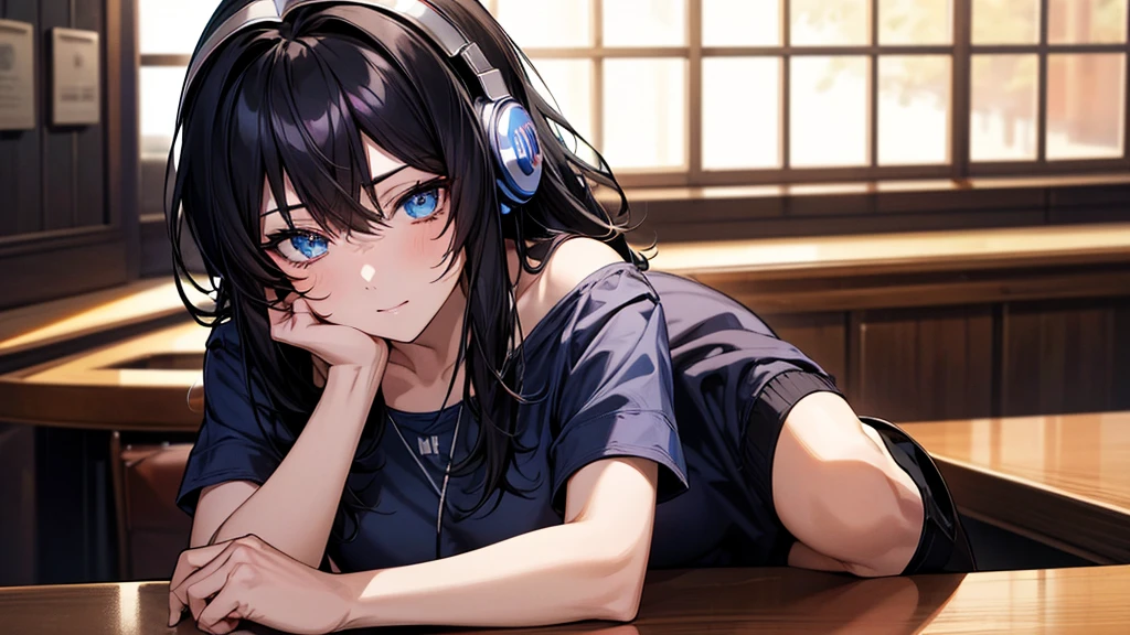((UHD, super detail, best quality, highres)),black hair, hair over shoulder, medium hair, blue eyes, (headphones), anime, anime style, Relax with a drink at the bar counter