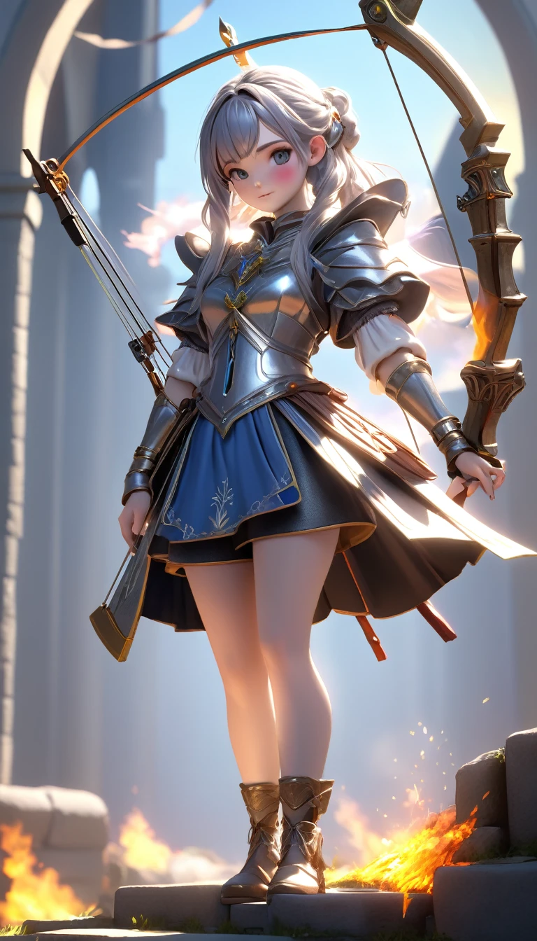 (8 k, Photos in RAW format, top quality, masterpiece: 1.2), (high quality), ray tracing, HDR, (high detail), (face detail), (Shadow details), (Expanded), 3d, 3D rendering, 1 girl, One, masterpiece, Best quality, high quality, A high resolution, 4K, Looking at the viewer, rainbow medieval girl, concept, halo overhead, full length, standing on my feet, shorts, silver bracelets, dressed, ( fire crossbow in bows )