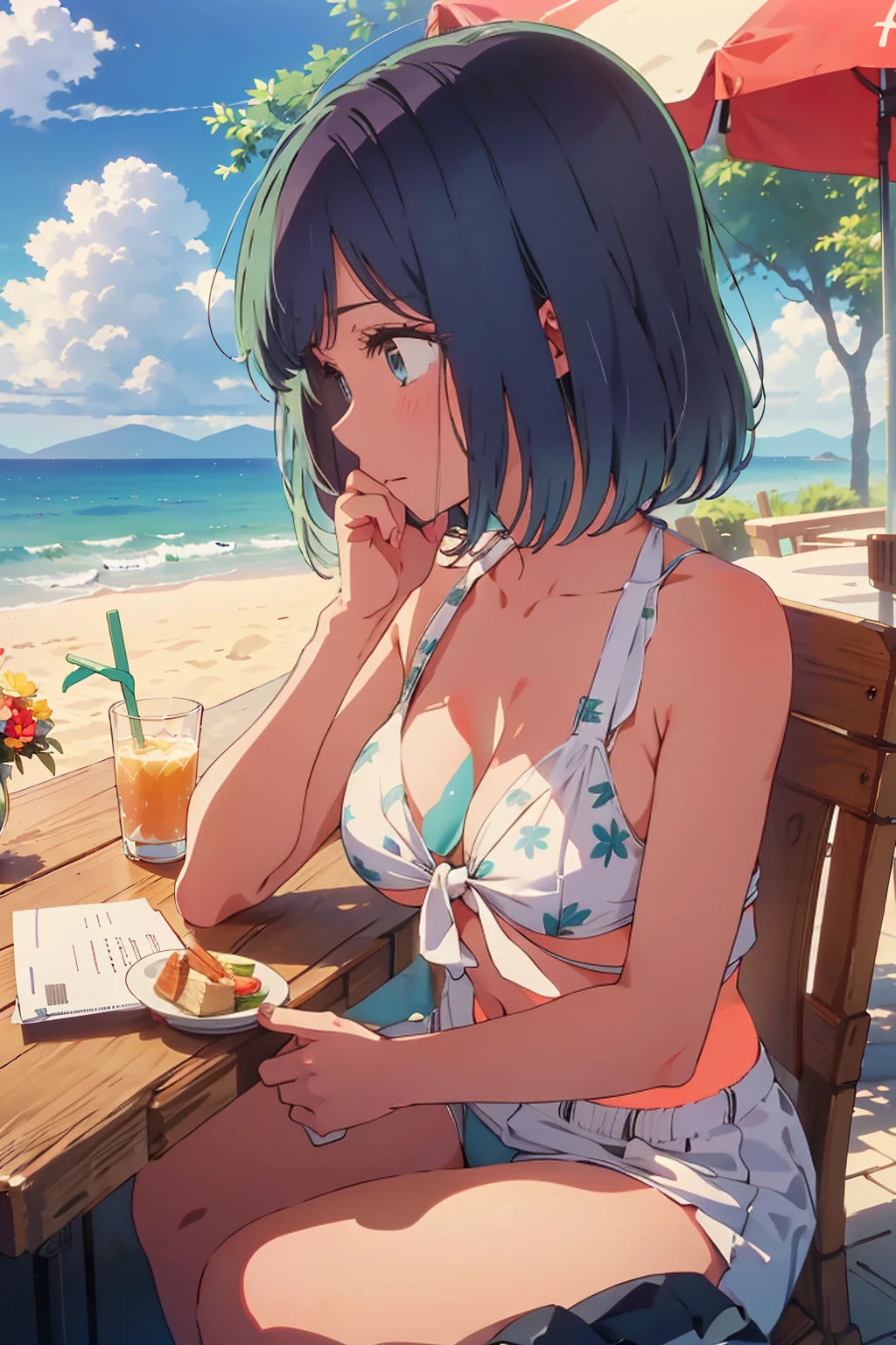 (Highest quality:1.4、masterpiece:1.4、Super detailed:1.4、8K:1.4)、((((1 person、Surprised expression、sit、Cafe Terrace、coastal、juice、table、Sandy Beach、juiceのグラスを持つ、Very soft boobs、Big eyes、Very cute face))))、(Areolas protrude from bikini:1.4)、F cup bust、Medium breast、Underboob、Nipples