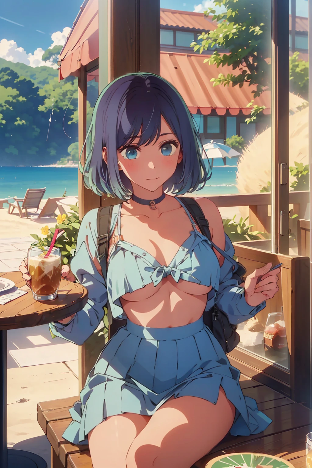 (Highest quality:1.4、masterpiece:1.4、Super detailed:1.4、8K:1.4)、((((1 person、Surprised expression、sit、Cafe Terrace、coastal、juice、table、Sandy Beach、juiceのグラスを持つ、Very soft boobs、Big eyes、Very cute face))))、(Areolas protrude from bikini:1.4)、F cup bust、Medium breast、Underboob、Nipples