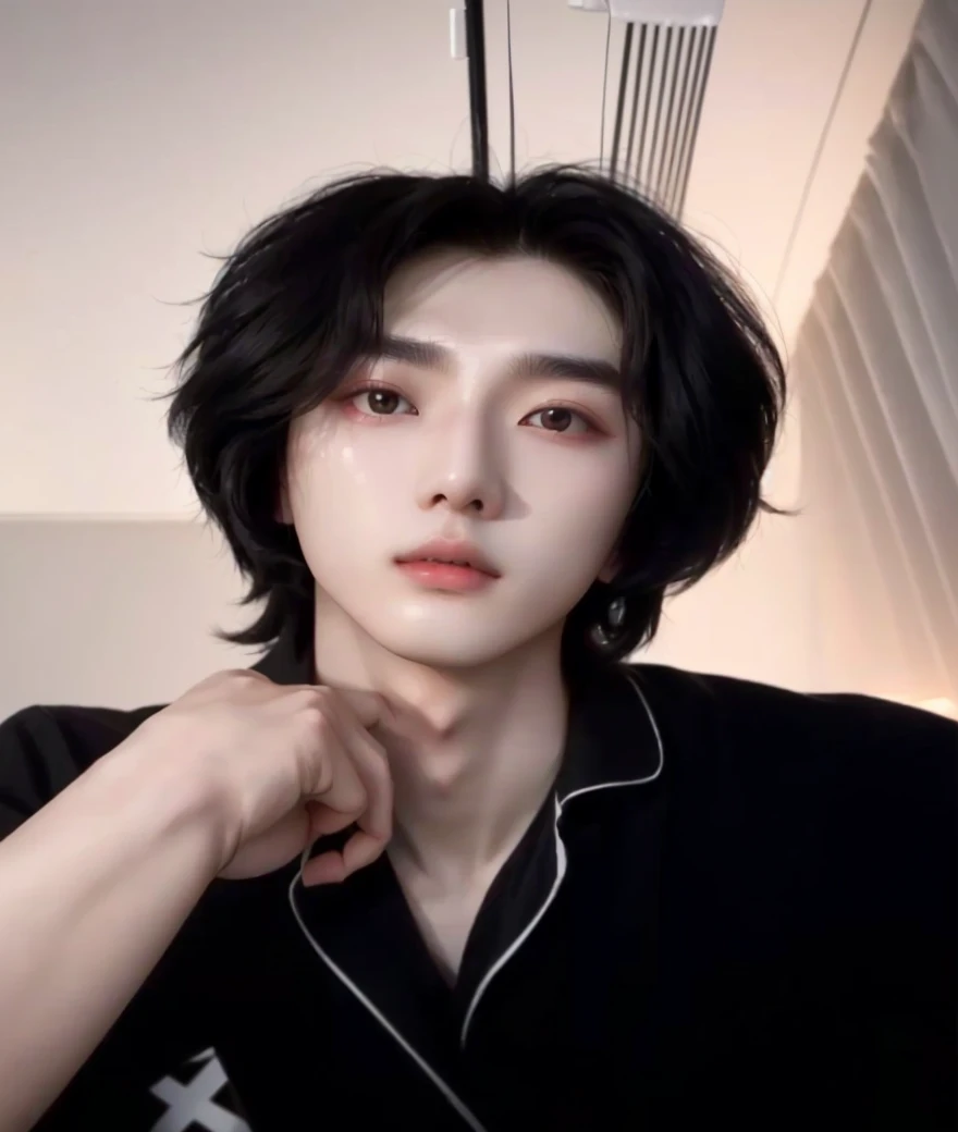 a close up of a person in a black shirt and a white shirt, cai xukun, south korean man, adorable and pale korean face, lean face, androgynous face, Jinyoung Shin, cute androgynous prince, young pale and beautiful asian face, ulzzang, delicate features, Park Seonghwa of Ateez