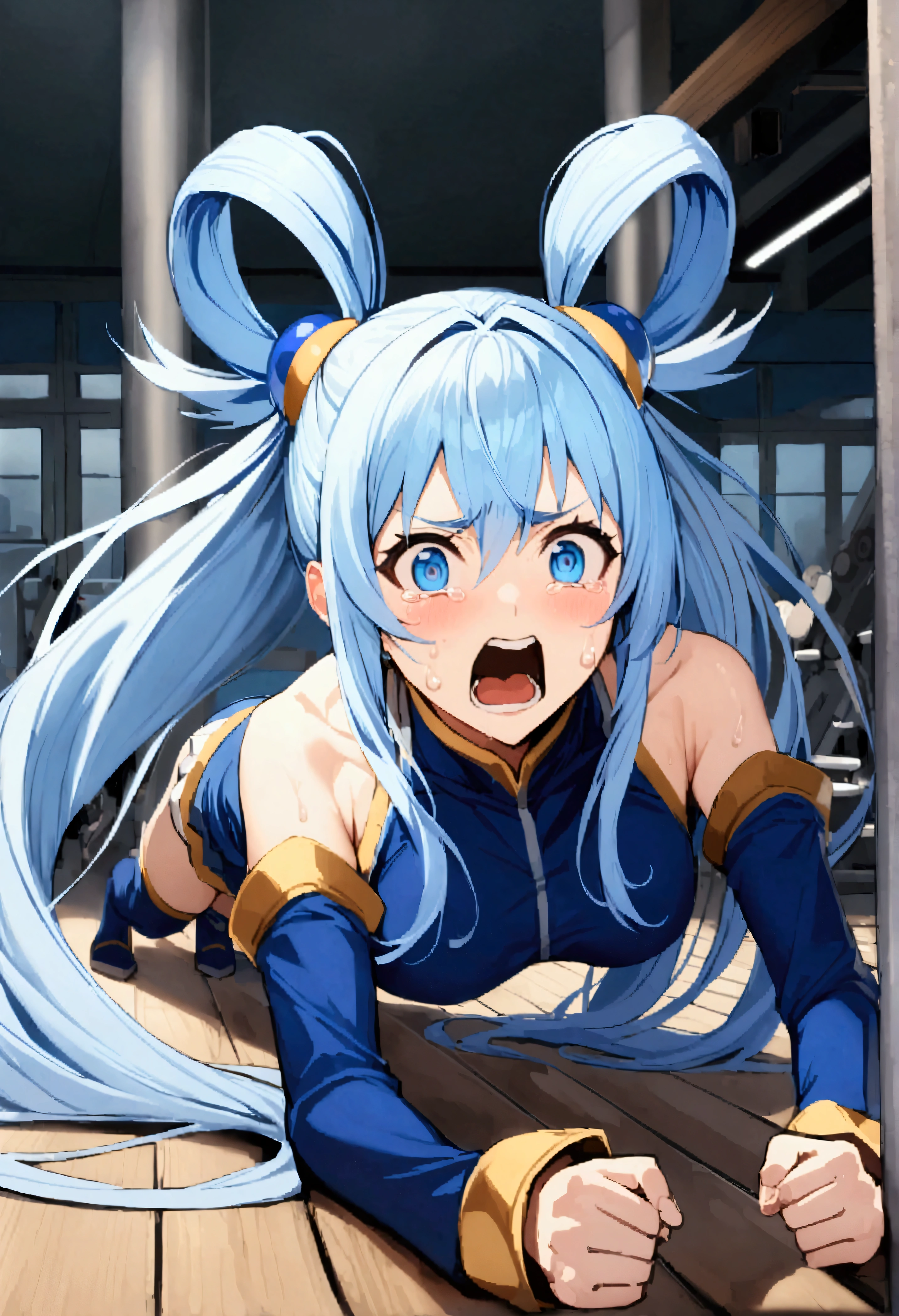 1girl, planking, exercise, clenched hands,sweat, (full body:1.3), gym, (planking:1.4), exercise, clenched hands, aqua /(konosuba/), long hair, blue eyes, hair ornament, very long hair, blue hair, hair rings, single hair ring. blue skirt, blue shirt, thighhighs, bare shoulders, detached sleeves, white thighhighs, green bow,blue boots, aquascreaming, screaming, open mouth, crying with eyes open