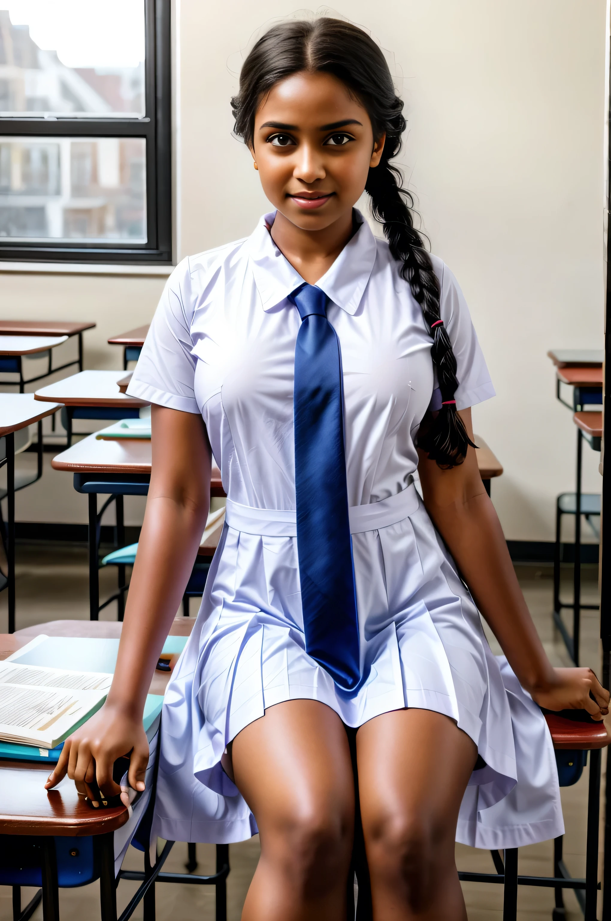 Raw photo , 1 girl ,Wearing white frock and color tie, white shoes, (( girl studying on on in the classroom)), with plait, biggest breasts size , professional photographer, (hdr:1.4), masterpiece, ultra-realistic 8k, perfect artwork, intrincate details, cute face, award winning photograph, (Best quality, 8k, 32k, Masterpiece, UHD:1.3) ,