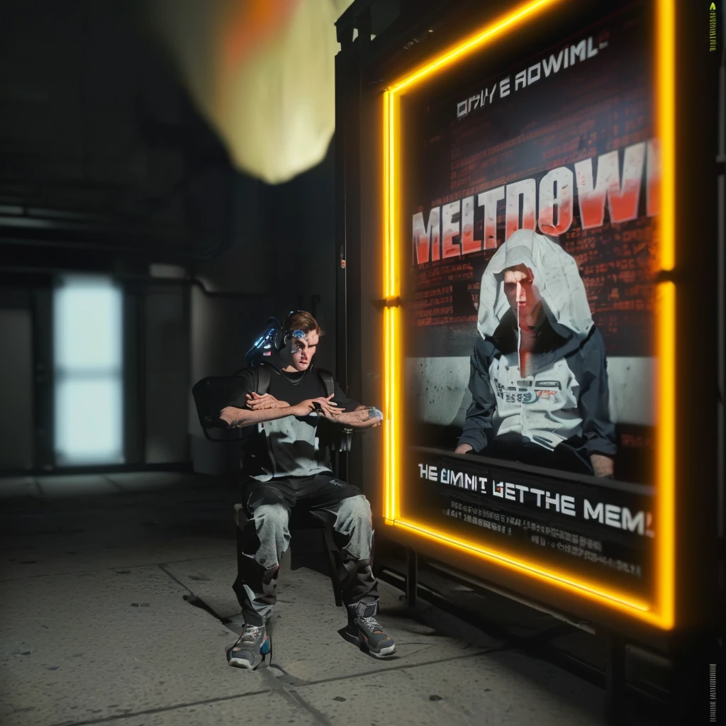 there is a man standing in front of a poster in a dark room, jerma in a liminal space, pouty look :: octane render, cyberpunk bus stop, videogame still, hyperealistic octane render, ! movie scene, in a medium full shot, ((((octane render, heavily downvoted, sitting down, environmental shot, video game screenshot>