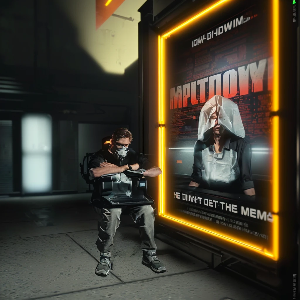 there is a man standing in front of a poster in a dark room, jerma in a liminal space, pouty look :: octane render, cyberpunk bus stop, videogame still, hyperealistic octane render, ! movie scene, in a medium full shot, ((((octane render, heavily downvoted, sitting down, environmental shot, video game screenshot>