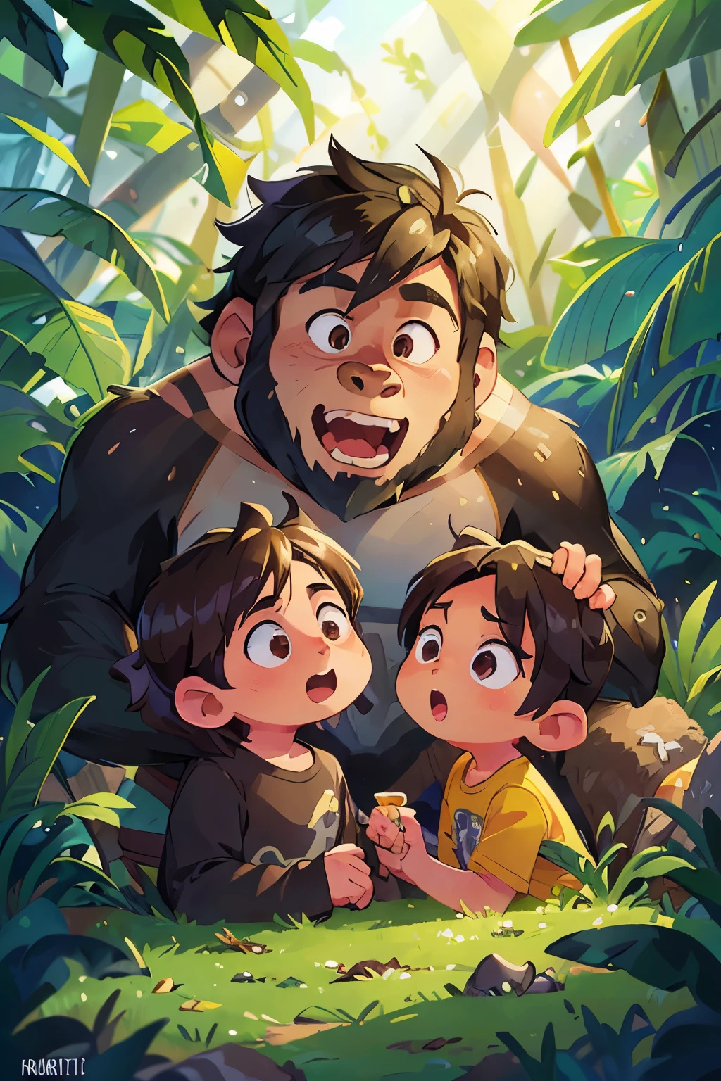 Boy with a Gorilla Beside:
(Masterpiece, High Quality),(Realistic, Hyper Realistic:1.5),(Vibrant Colors, Detailed Shadows),(Playful Expressions, Curve, Youthful Energy:1.5),(Shiny Hair, Bright Eyes),(Outdoor Scene, Jungle Backdrop),(Gorilla in Natural Habitat:1.5),(Intricate Patterns on Gorilla's Fur),(Sense of Friendship, Fond Look in Boy's Eyes),(Soft Focus, Warm Lighting),(Beautifully Rendered, Smooth CG Art),(Lush Greener