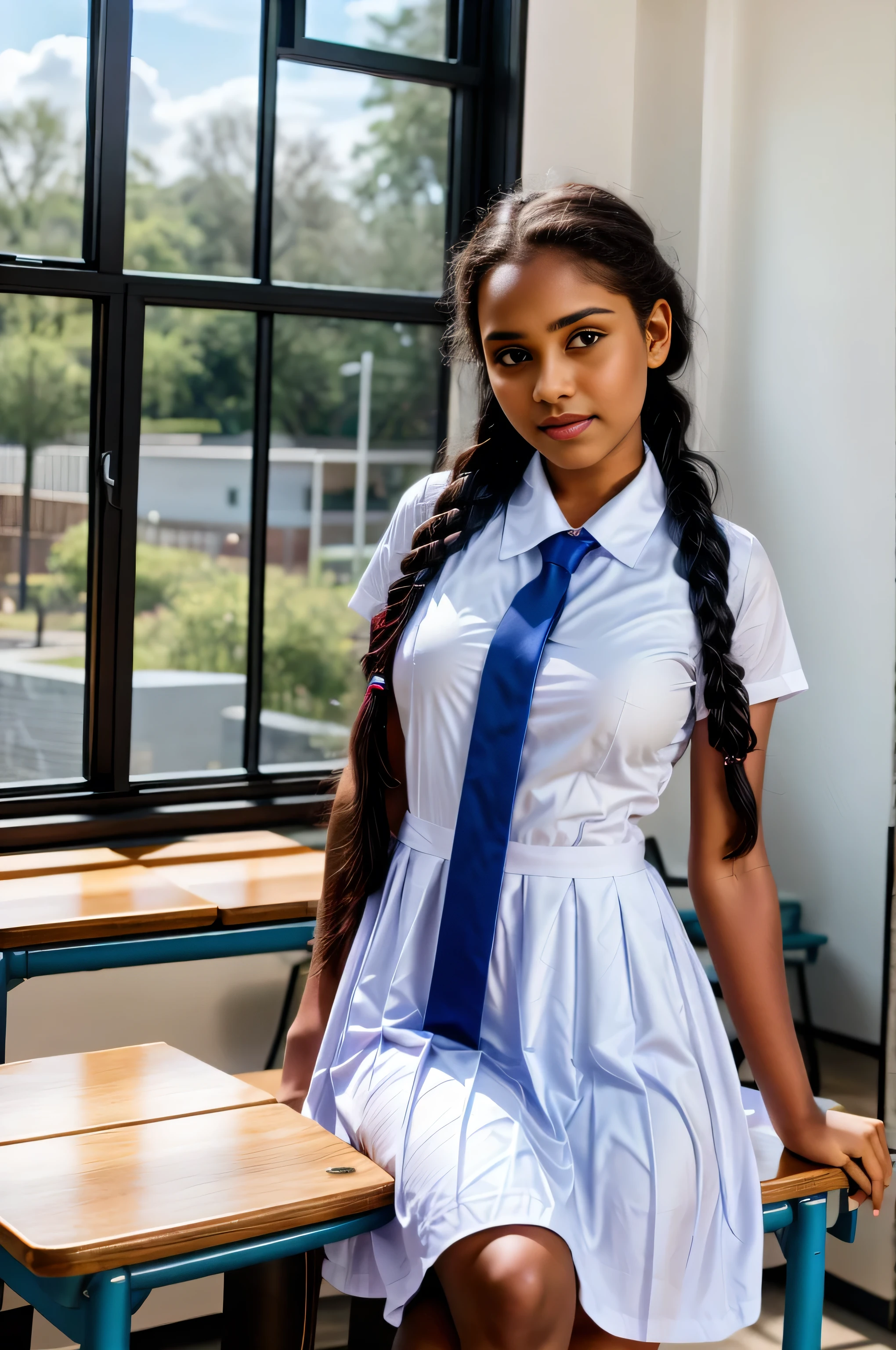 Raw photo , 1 girl  ,Wearing white frock and color tie, white shoes,  (( girl studying on on in the classroom)), with plait, biggest breasts size , professional photographer, (hdr:1.4), masterpiece, ultra-realistic 8k, perfect artwork, intrincate details, cute face, award winning photograph, (Best quality, 8k, 32k, Masterpiece, UHD:1.3) ,