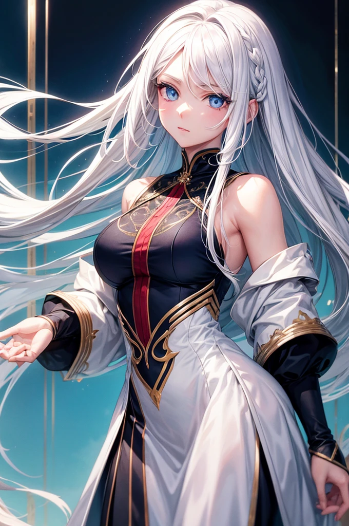 best quality, masterpiece,white hair, blue eyes, Upper Body,Gorgeous background,1 girl, flowing hair