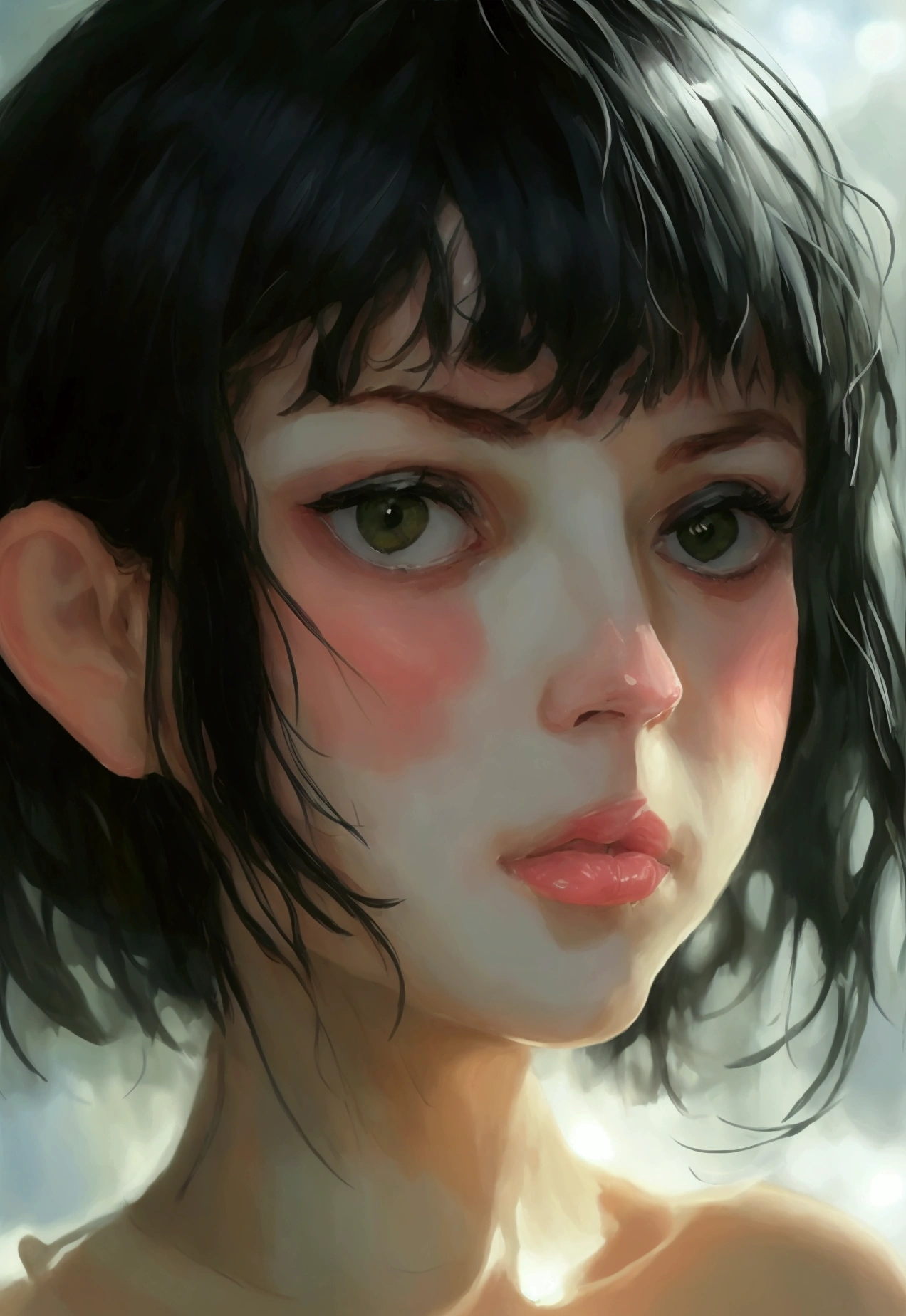 She has a pale face and rosy cheeks. her eyes are big, a little on the rollout, Greens, and they look meekly and soulfully. The features of her wonderful face were graceful, with a sharp long, narrow nose, straight forehead and regular oval face. smooth profile, . She has thin lips. Black curls fall in wild waves onto her shoulders..