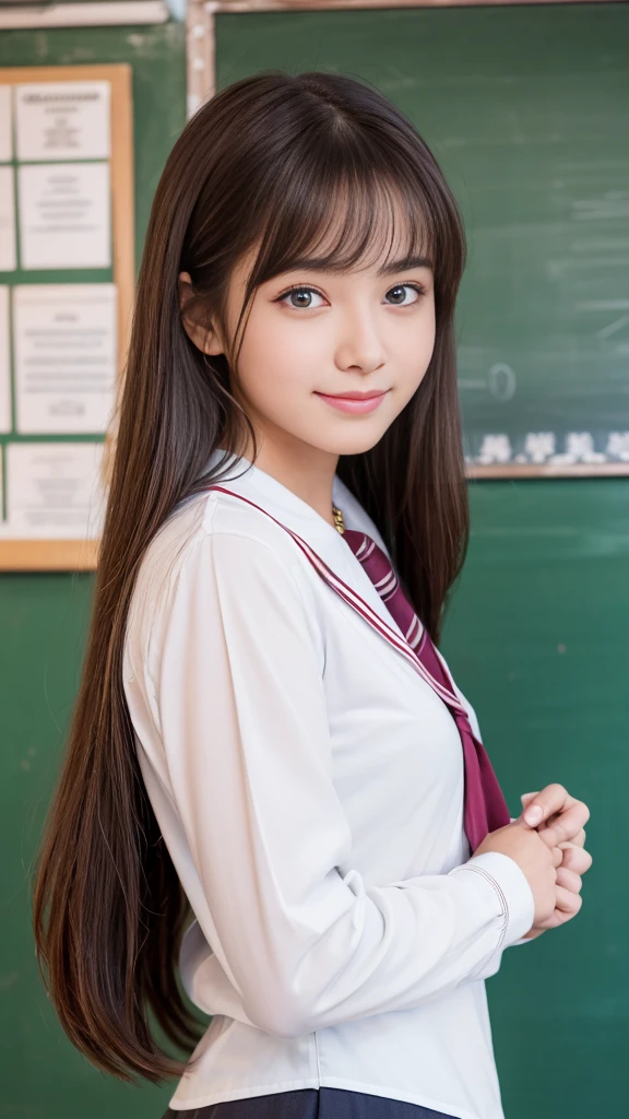 High School Uniform))、(Blackboard background)、Filmed in a school classroom、(School classroom with windows)、(8K、Live Shooting、Highest quality、masterpiece:1.2)、High-quality RAW color photos、Professional photos、(Genuine、フォトGenuine:1.37)、Photographed in natural light、1 Girl、A sloppy smile、(Various poses)、necklace、(Beautiful profile:1.3)、profile、Straight Long Hair、The eye color is dark brown、(Beautiful profile:1.3)、Correct hand of human body、、Woman with single eyelid、The correct state of the human body、Natural  lip、Shot in well-lit areas、The gesture of brushing back hair、High school girl uniform、Facing forward
