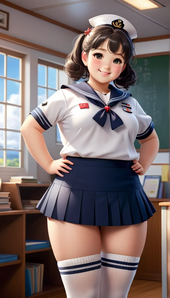Realistic portrait of clothed animals - ((Chubby)) (puppy) student,(Furry),(Graceful pose:1.5),(Hands on hips:1.5),(Smiling:1.5),High quality,(),(adorable),Exquisite detail,Wearing Japanese sailor uniform,(),Highly detailed ((Female sailor uniform)),Highly detailed outfit,Knee socks,(Happy),Soft lighting,(Full body image:2.0),Classroom background,Clouds,Score 9,Score 8_up,Score 7_up,Score 6_up,Score 5_up,Score 4_up,