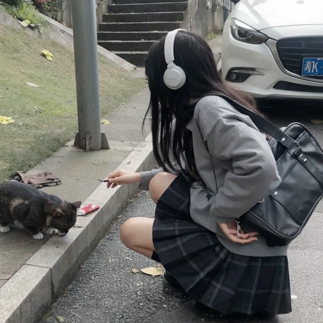 Create a detailed description of a scene where a person is feeding a stray cat by the side of the road. The person is wearing headphones, a grey sweatshirt, and a pleated skirt. They are kneeling down near a white car and a flight of stairs in an urban setting.
The person in the scene has long, straight, black hair that cascades down their back. The hair contrasts against the light-colored headphones they are wearing.