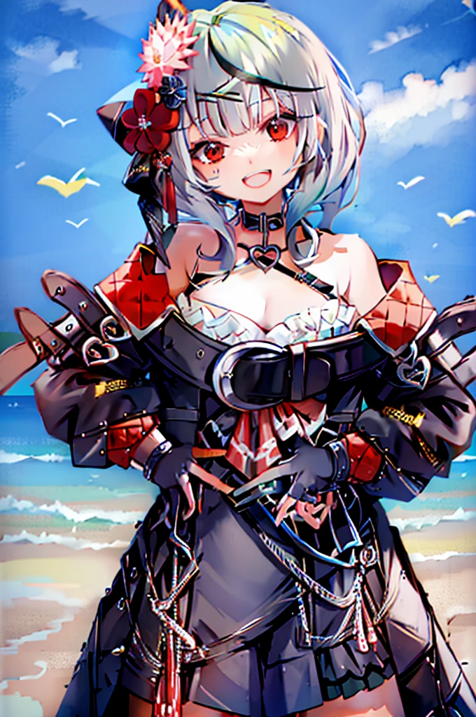 8K、4K、Hololive、Sand Flower and Crocodile、1 person、solo、gloves、tooth、Food、Look at the viewer、smile、Foodを上げ、Off the shoulder、肌のtooth、blush、Hands on hips、Open your mouth、:d、Open clothes、Cowboy Shot、のFood、shirt、Pleated skirt、Open jacket、Long sleeve、mini skirt、Ocean、Beach、port、landscape、background、anime、null、night、star、masterpiece、High resolution、High definition、