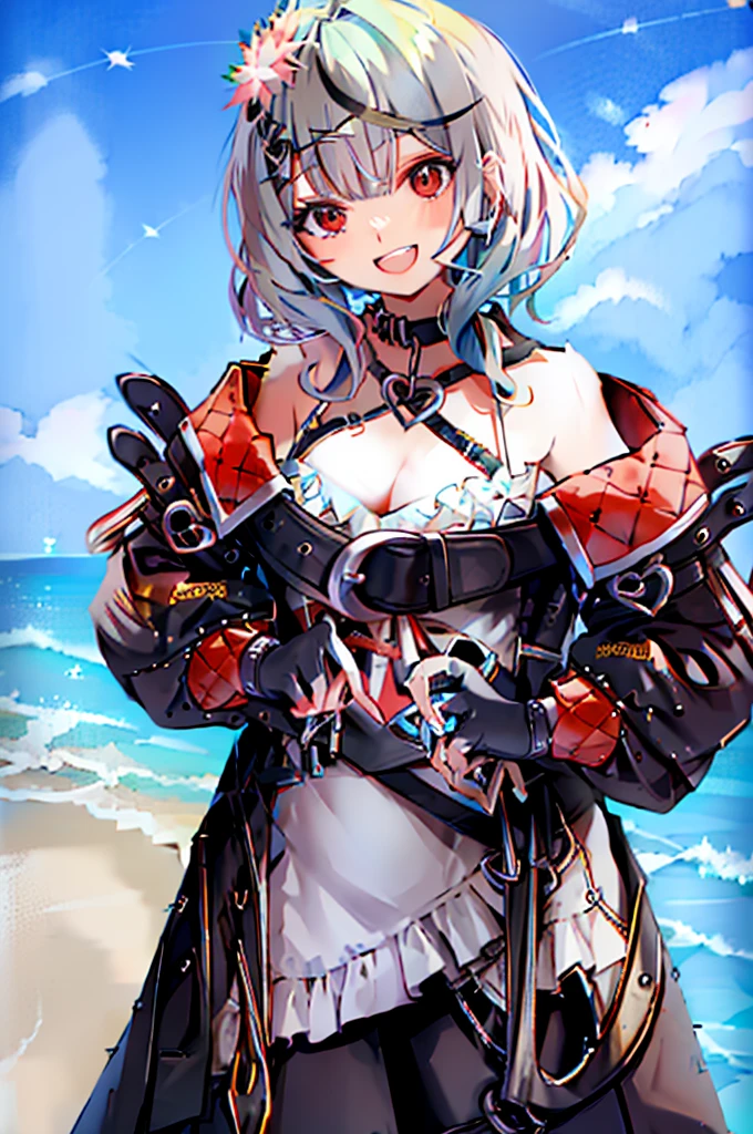 8K、4K、Hololive、Sand Flower and Crocodile、1 person、solo、gloves、tooth、Food、Look at the viewer、smile、Foodを上げ、Off the shoulder、肌のtooth、blush、Hands on hips、Open your mouth、:d、Open clothes、Cowboy Shot、のFood、shirt、Pleated skirt、Open jacket、Long sleeve、mini skirt、Ocean、Beach、port、landscape、background、anime、null、night、star、masterpiece、High resolution、High definition、