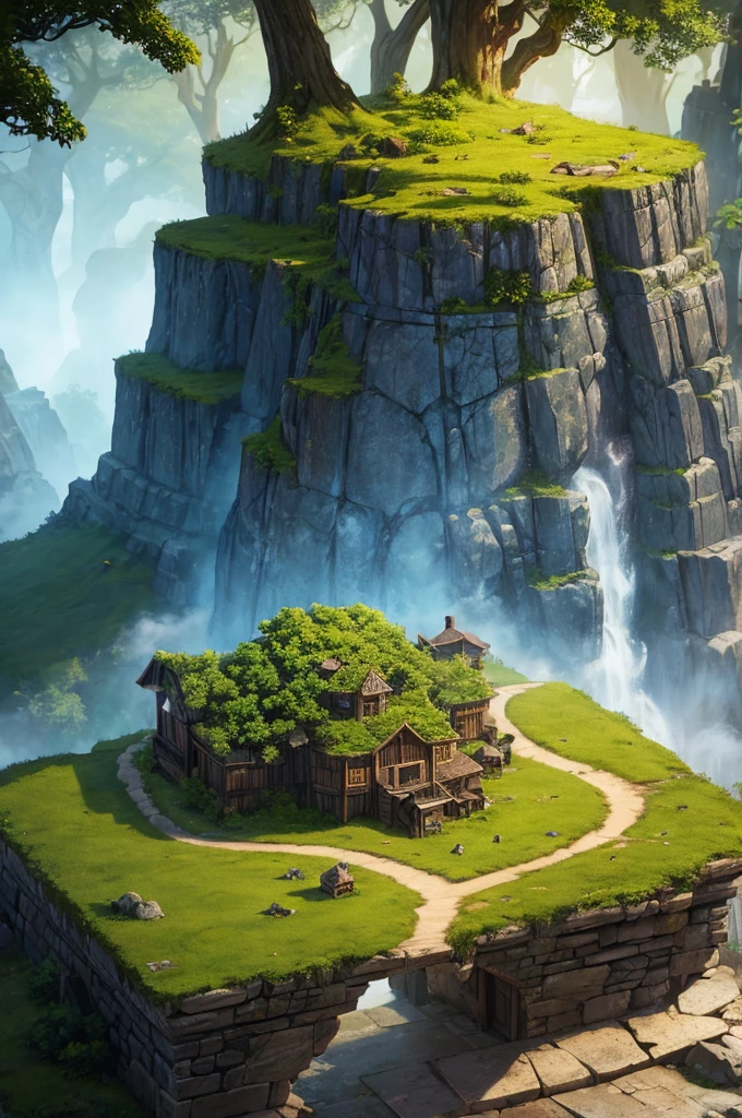 Tabletop role playing game map, A village surrounded by dense and mysterious forests, high quality, Incredible details and engaging atmosphere. Add dramatic lighting elements and shadows to increase the immersion of your scene. This road leads to a village
