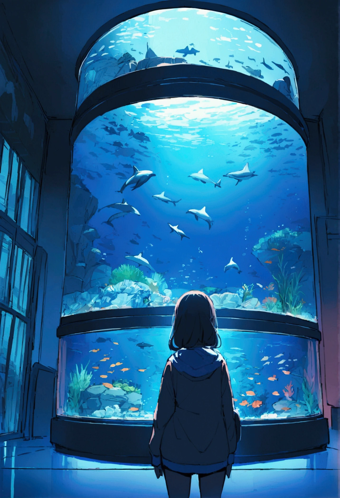 aquarium、A girl standing in front of a huge aquarium、Large single glass aquarium、Dimly lit interior、Quiet atmosphere、Girl looking up at a fish tank、There is a girl in the center、Angle of view from the rear、A tank much taller than the girl、Dolphin tank、A very wide aquarium