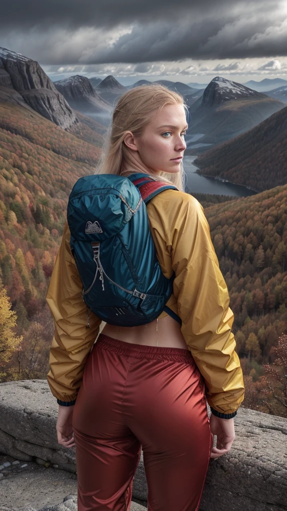 Naturescape photography; mountain climbing; Full body view; (1woman:0.5, solo), (slender body), (Small breasts) , (soaking wet red wind jacket ,tight satin Pants, terrain running shoes, big rucksack), standing on a mountain peak, Rough track, boulders , (long yellow hair), (nordic girl, 26-year-old, ultra delicate face, ultra Beautiful face, ultra delicate eyes, ultra detailed nose, ultra detailed mouth, ultra detailed facial features, natural skin, blemishes, blue eyes), (breasts are small: 0.5) (face is shiny:0.8), (natural skin:1 m, (Spectacular autumn rain, mountain views, with rugged Norwegian mountain ranges in the distance ), (Highest Quality, hyper-realistic:1.3, Super dense, very detailed illustration, Best image quality, very detailed illustration) natural skin, blemishes, detail skin texture, full body pose, natural skin poors, (((shot straight from the behind ))) she is uncomfortable and cold, afraid