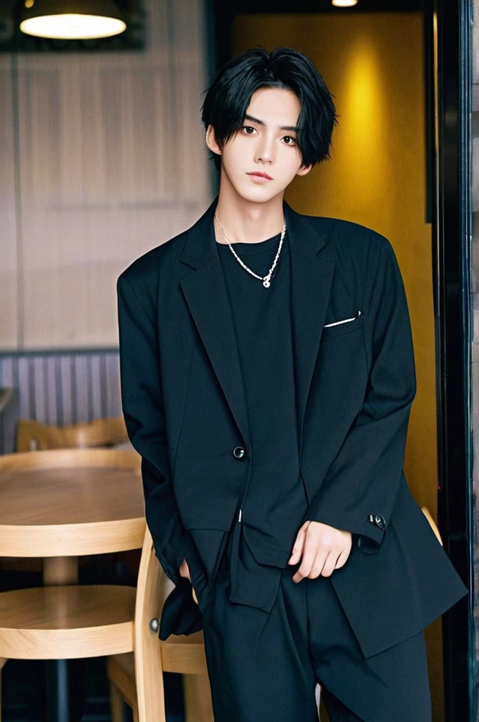 One boy、Young man with black hair（Mash Straight)((Long Hair)），With nape、Long enough to cover the earale K-Pop Idols、Levi Ackerman、Medium portrait、chop、Beautiful Model、Oval Face、Vivid、Cafe、（In a dark room）、The whole body is shown、((Full body photo))