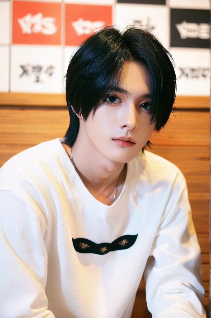 One boy、Young man with black hair(Mash Straight)((Long Hair)),With nape、Long enough to cover the earale K-Pop Idols、Levi Ackerman、Medium portrait、chop、Beautiful Model、Oval Face、Vivid、Cafe、(In a dark room)、The whole body is shown、((Full body photo))