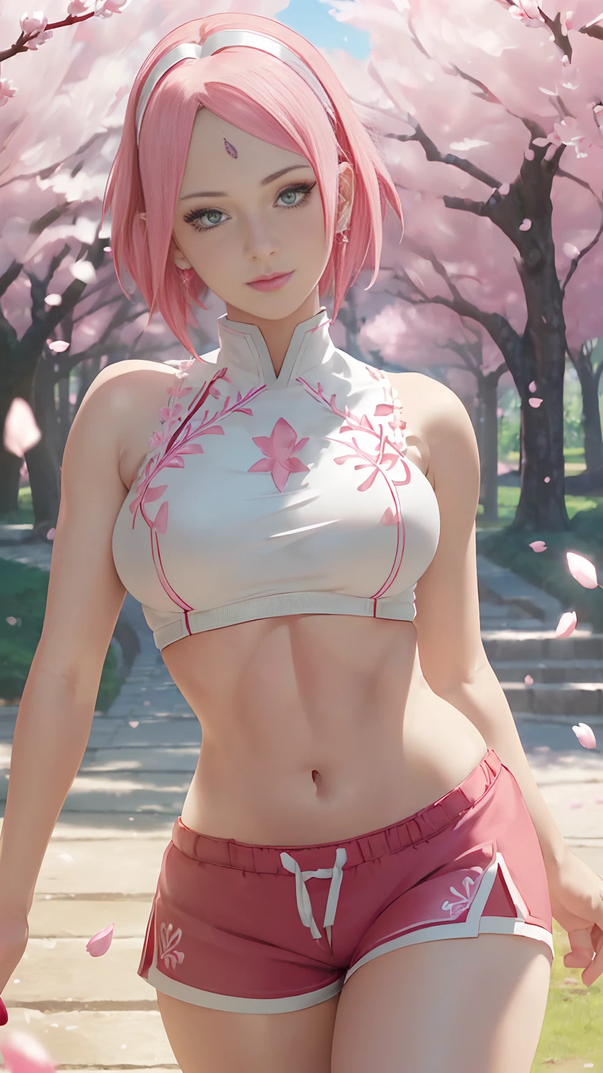 Medium and round breasts ((Sakura Haruno beautiful and beautiful woman)) (short pink hair, mark on forehead, red hair band, cute earrings), beautiful detailed greenish eyes, double eyelids, detailed iris, light effect on eyes, ( (red hood, defined abdomen, white shorts with delicate fabric embroidery)) ((hyper detailed, 16k, masterpiece, hyper realistic, perfect lighting, light and shadow effect on the skin, sharp focus, soft lighting) ), lips perfect pink, fair skin, woman of superior beauty, beautiful and sensual, is in love, insinuating smile ((has a curvaceous body with beautiful notable curves, with medium breasts, toned body,)) ((variable sensual poses, in the park, petals of cherry blossoms in the air))