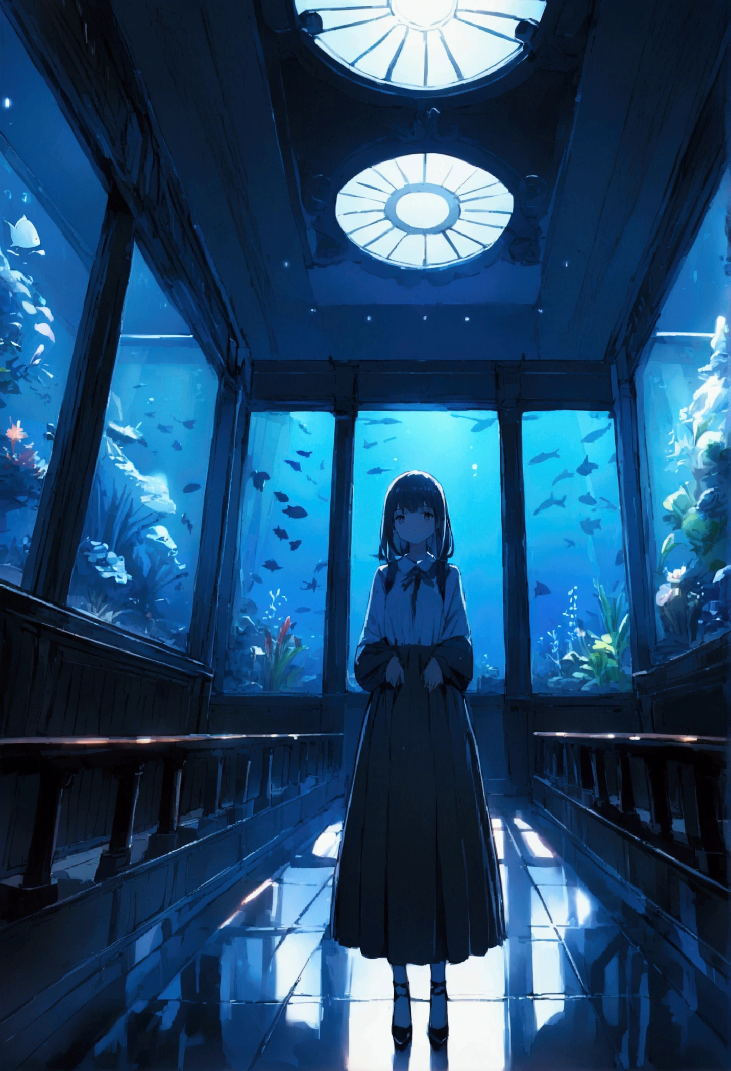 aquarium、A girl standing in front of a huge aquarium、Dimly lit interior、Quiet atmosphere