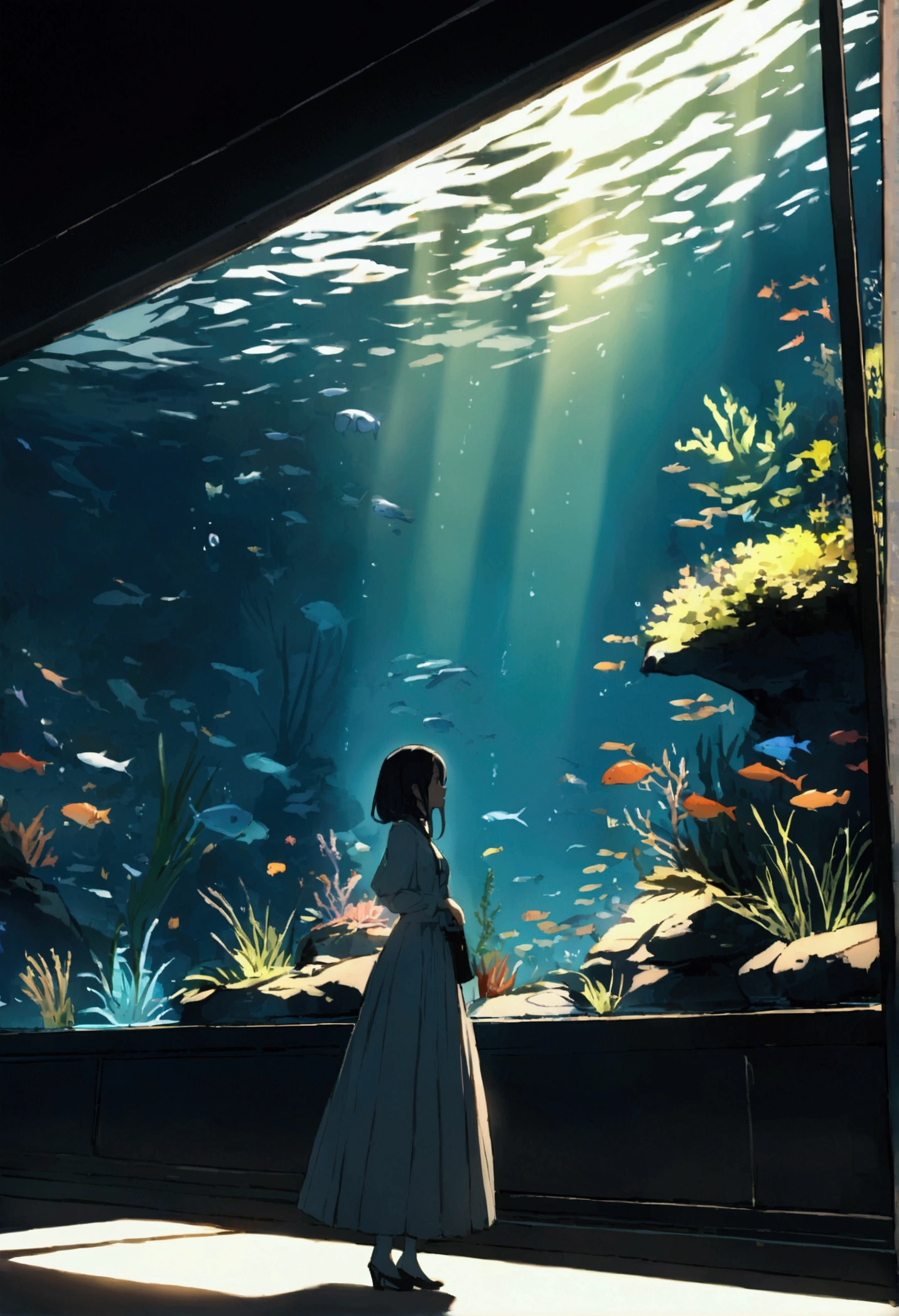 aquarium、A girl standing in front of a huge aquarium、Dimly lit interior、Quiet atmosphere
