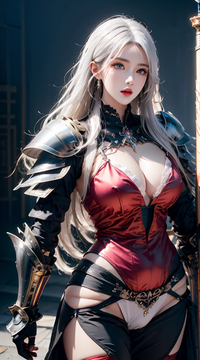 realisticlying, A high resolution, a 1 woman, shiny skins, Alone, jewely, redish pink lips, Long white hair, eBlue eyes, Keep your mouth shut, hip-up, Fantasy armor, holding a sword, Wearing heavy armor
