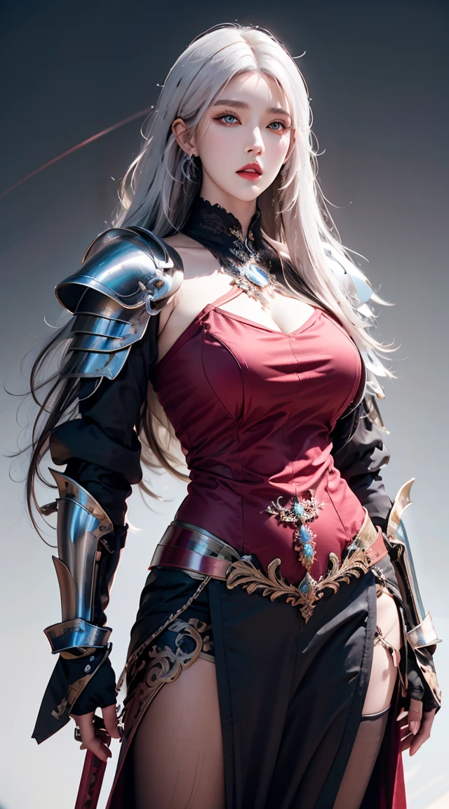 realisticlying, A high resolution, a 1 woman, shiny skins, Alone, jewely, redish pink lips, Long white hair, eBlue eyes, Keep your mouth shut, hip-up, Fantasy armor, holding a sword, Wearing heavy armor
