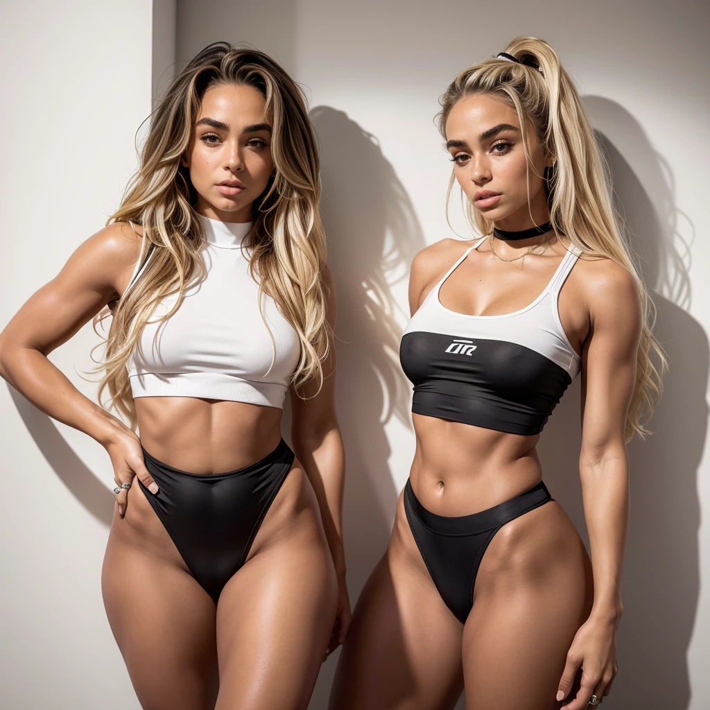 sommer ray in a white top and black panties posing, leaning on the wall, blonde goddess, tight attire, 24 year old female model, 4k, Ultra High Definition, RAW Photo, Best Quality, Masterpiece: 1.2, Realistic, Photorealistic,leaning forward,open stance,blonde hair,wavy hair