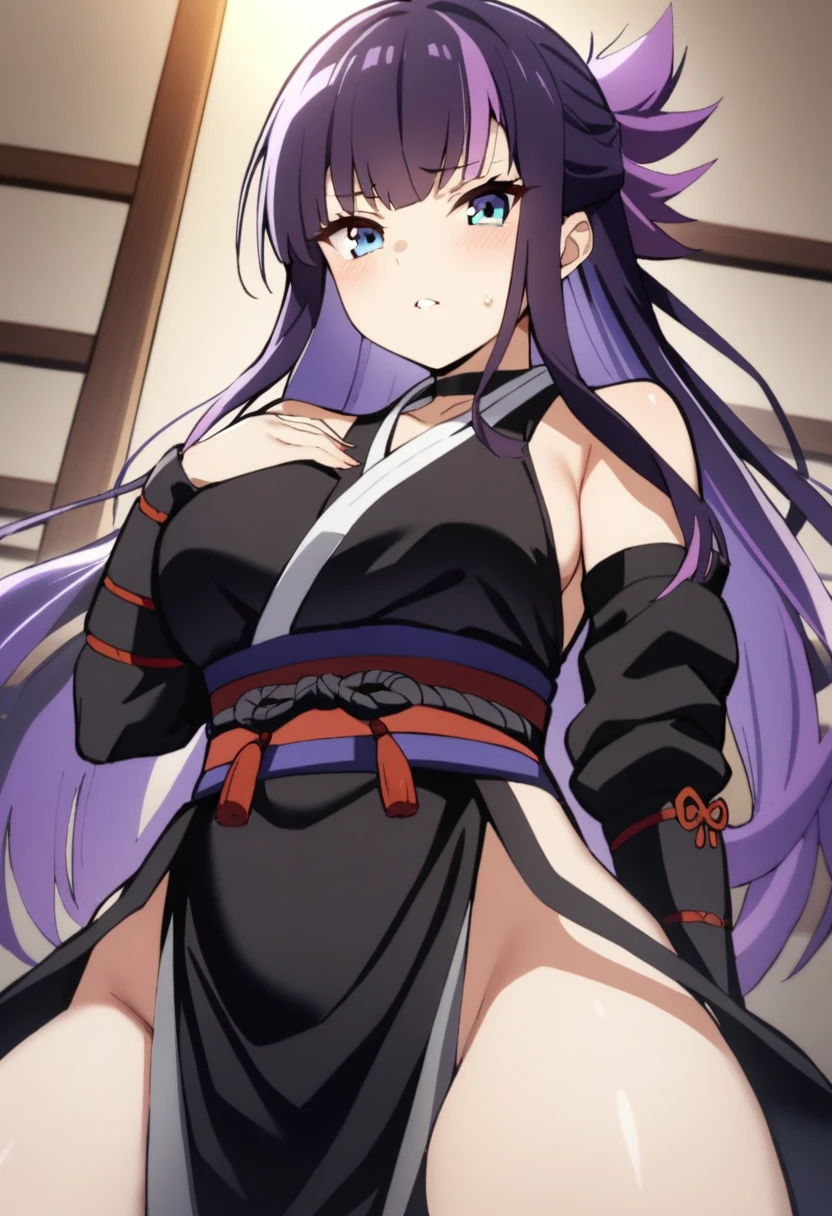 1girl, young samurai warrior, long hair, purple hair, blue eyes, multicolored hair, masterpiece, best quality,