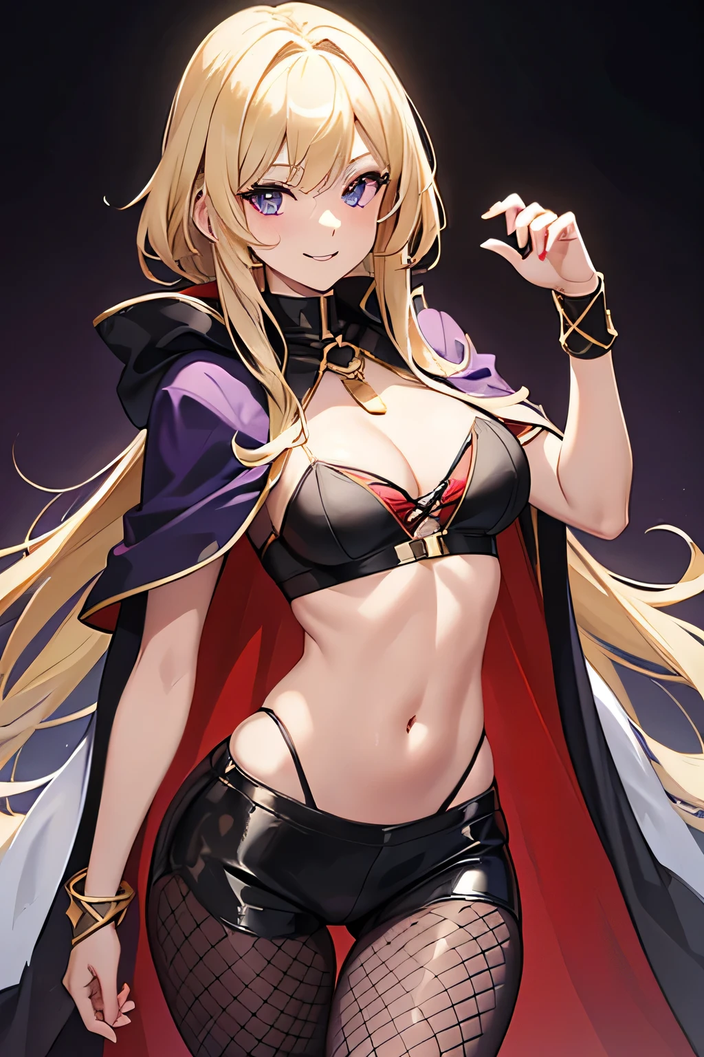 Young, blonde haired girl, medium breasts, black low-cut crop top, fishnet leggings with red bands at the top, purple cloak, gold necklace to draw attention to cleavage, smile, smiling, sexy pose