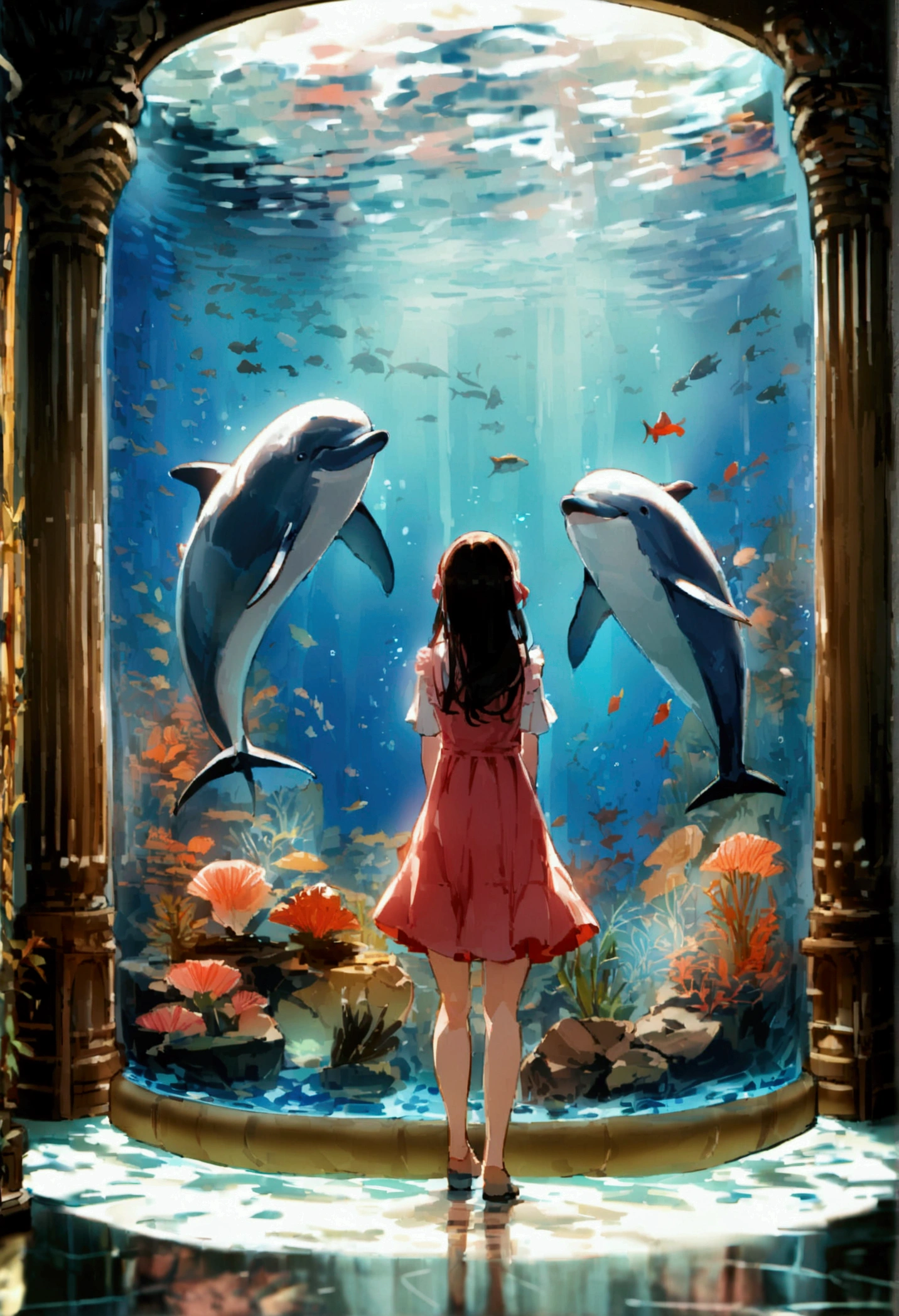 aquarium、A girl standing in front of a huge aquarium、Large single glass aquarium、Dimly lit interior、Quiet atmosphere、Girl looking up at a fish tank、There is a girl in the center、Angle of view from the rear、A tank much taller than the girl、Dolphin tank、A very wide aquarium