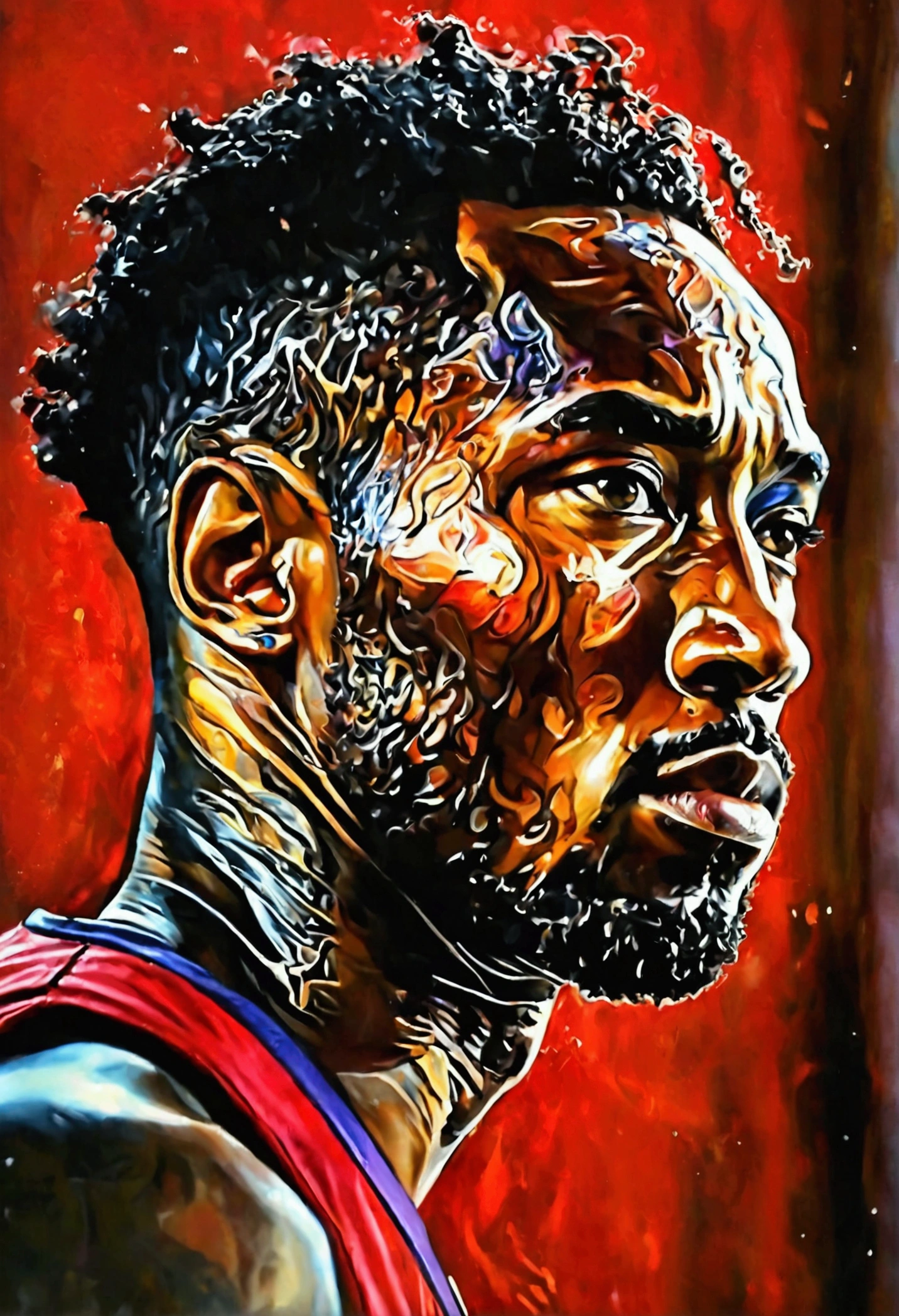 portrait of Kobe Bryant, Kobe Bryant, 35 years old, taken in early 2020s, 1/2 head shot, about 3-, 1/4 head shot, (38 years old), 36 years old, 38 years old, tall portrait, playing basketball in street, red background, a lot of people watching him, spotlight on him, third person view, hyper realistic, masterpiece, 8k, ultra-detailed, photorealistic, dramatic lighting, volumetric lighting, glowing skin, chiaroscuro, cinematic composition, cinematic mood, moody, dark and gritty, powerful expression, determined look, intense gaze, basketball uniform, sweat, motion blur, dynamic pose